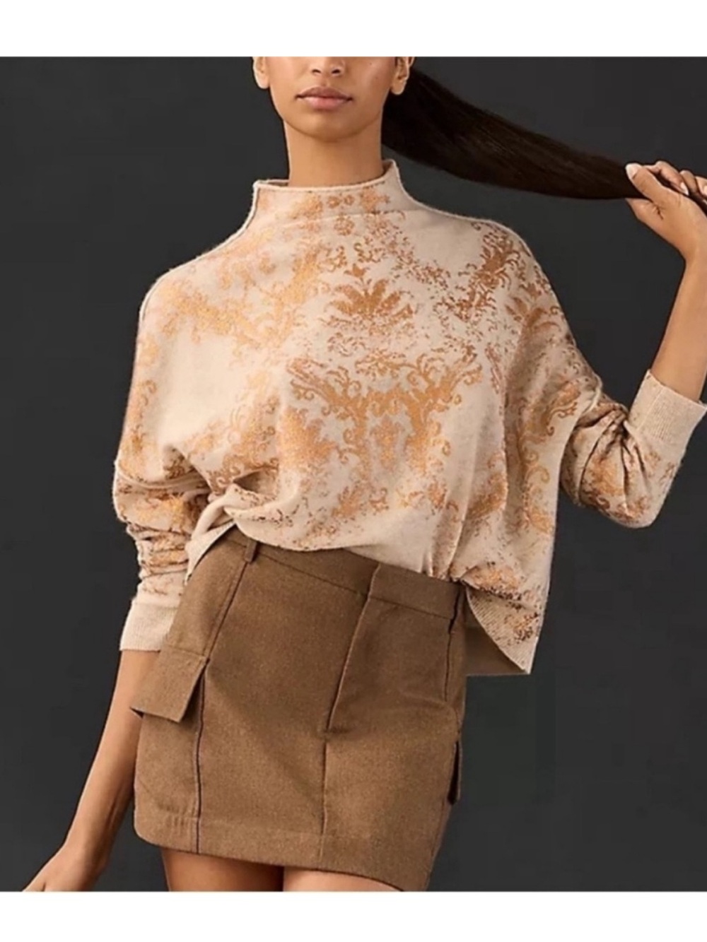 Anthropologie Picro Gold-Print Beige Mock Neck Sweater size XS